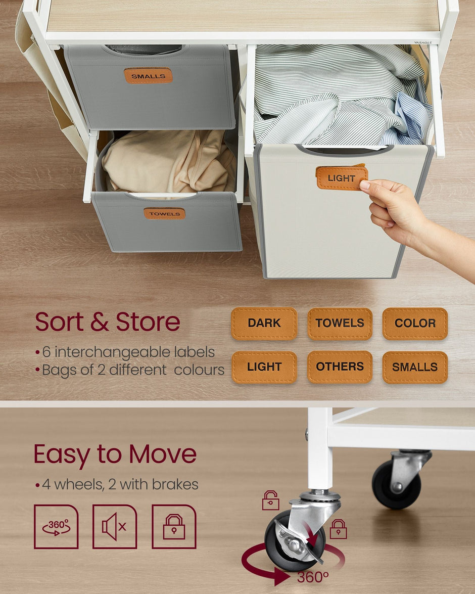 Laundry Hamper – Fabric – Natural Beige, Dove Grey, Cream White – 100 L with 3 Compartments and Rolling Cart