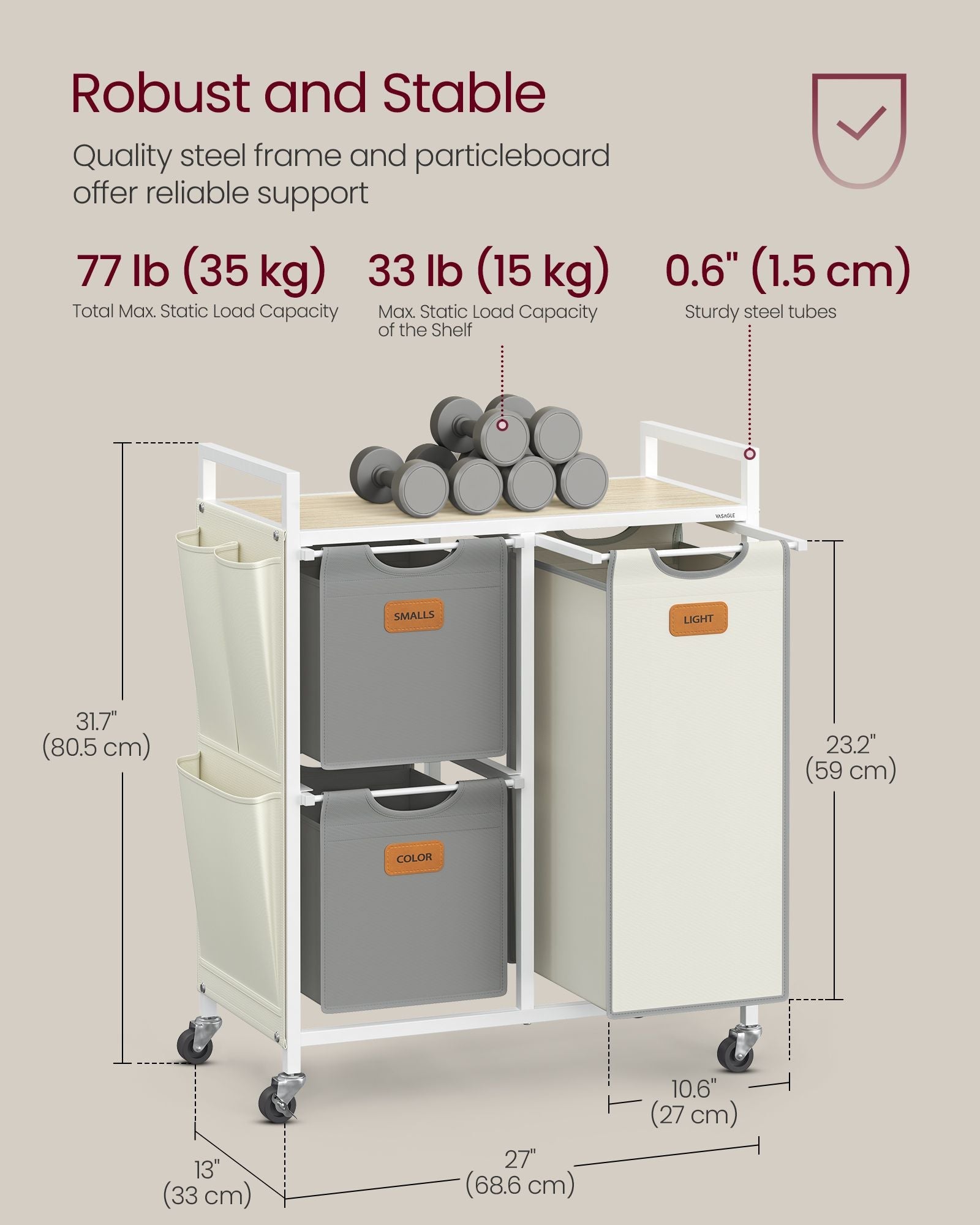 Laundry Hamper – Fabric – Natural Beige, Dove Grey, Cream White – 100 L with 3 Compartments and Rolling Cart