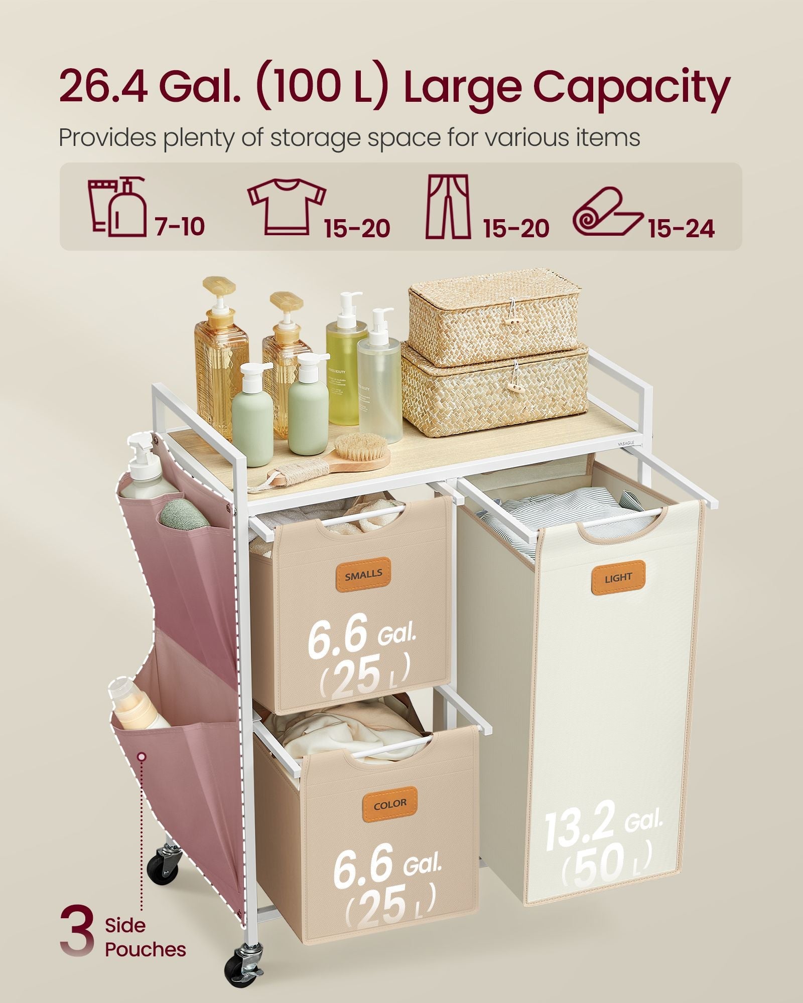Laundry Hamper – Fabric – Natural Beige, Camel Brown and Cream White – 3 Compartments, 100 L Capacity