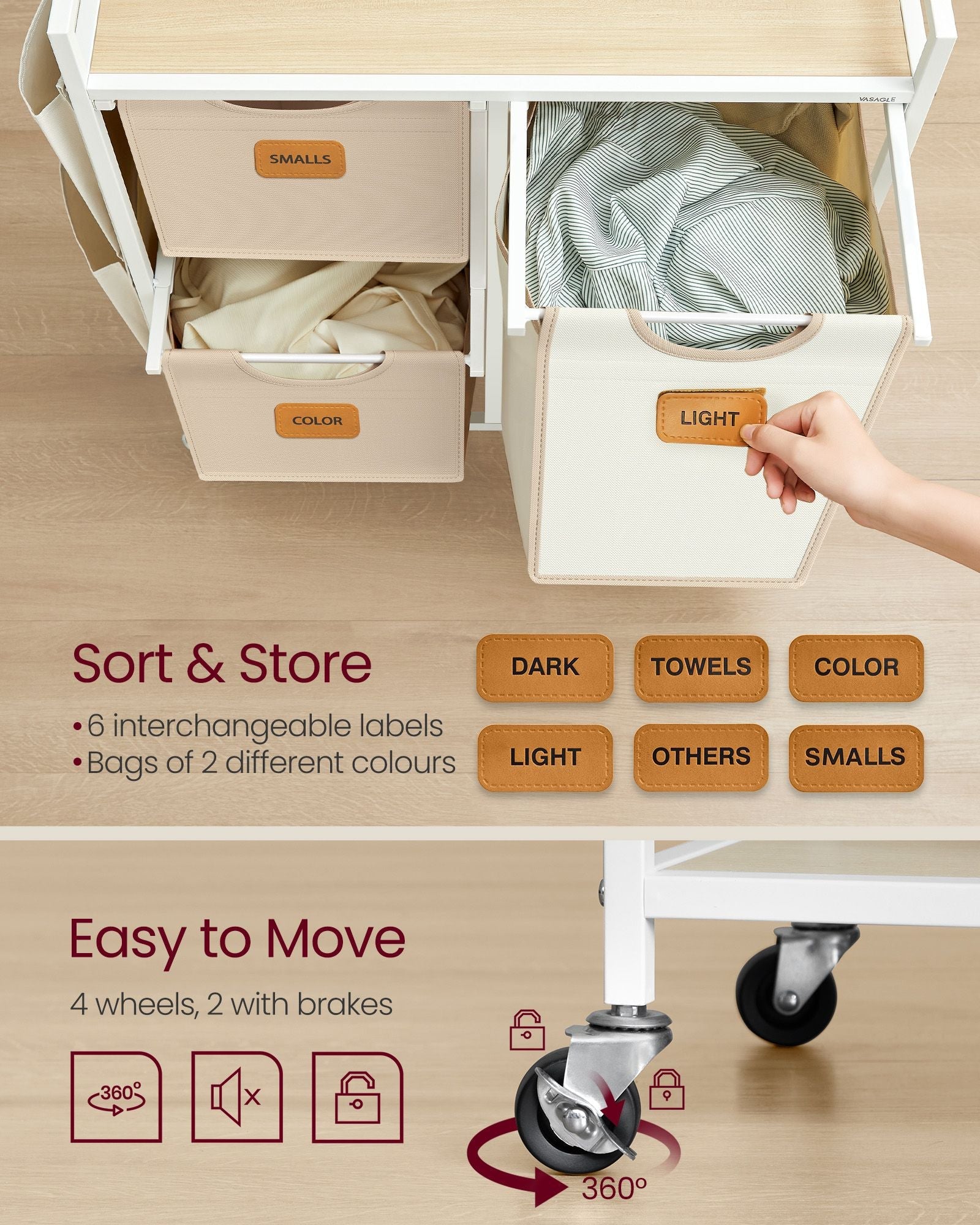 Laundry Hamper – Fabric – Natural Beige, Camel Brown and Cream White – 3 Compartments, 100 L Capacity
