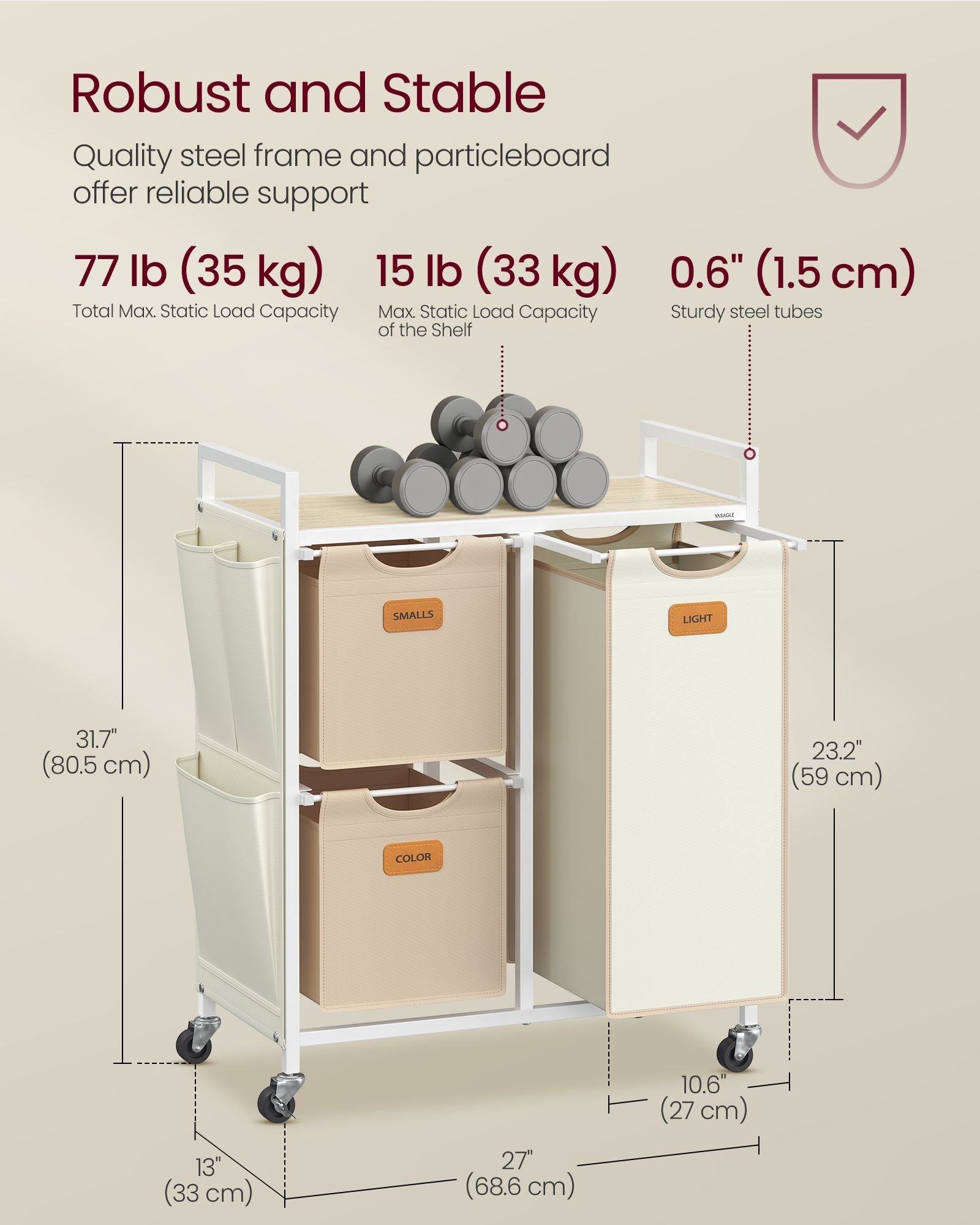 Laundry Hamper – Fabric – Natural Beige, Camel Brown and Cream White – 3 Compartments, 100 L Capacity