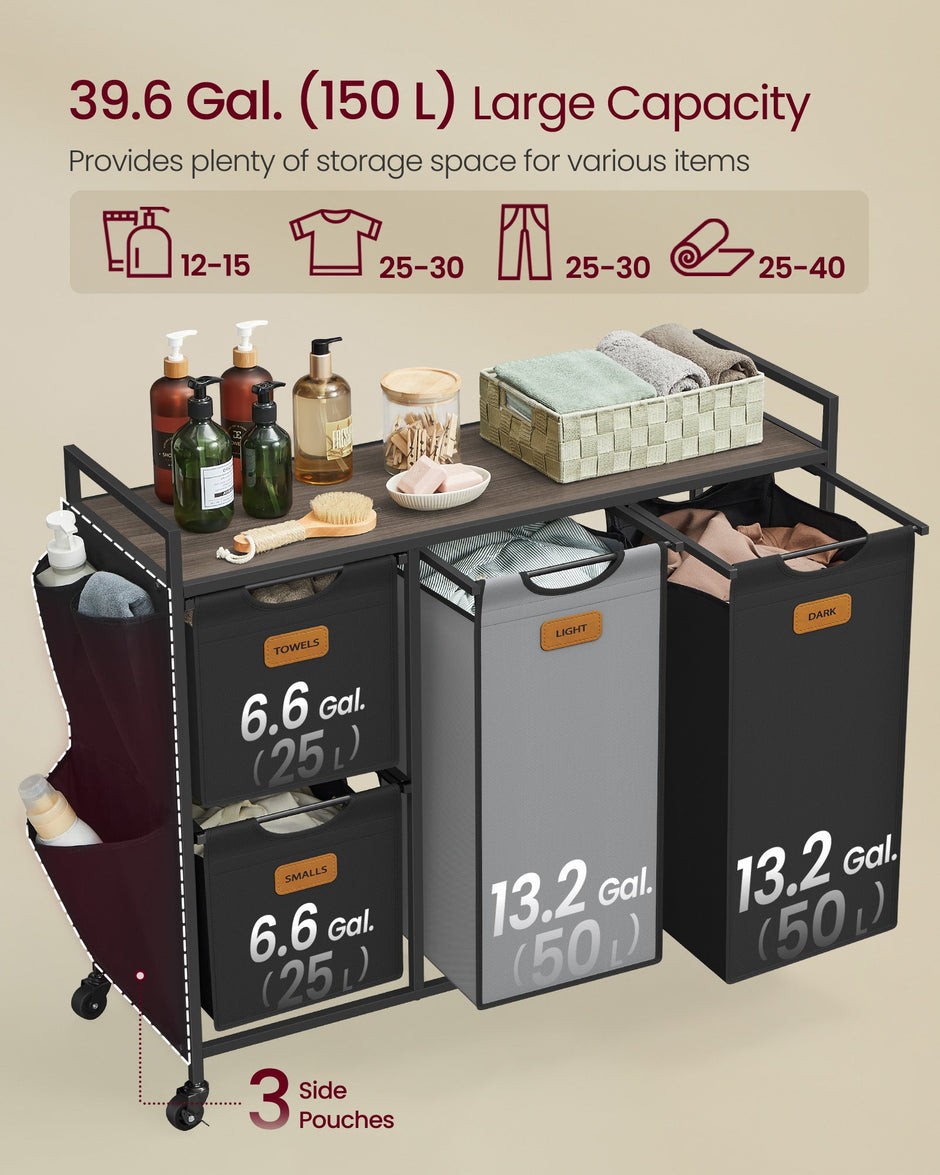 Laundry Hamper – Fabric – Chestnut Brown, Ink Black, Dove Grey – 4 Compartments, 150 L Capacity