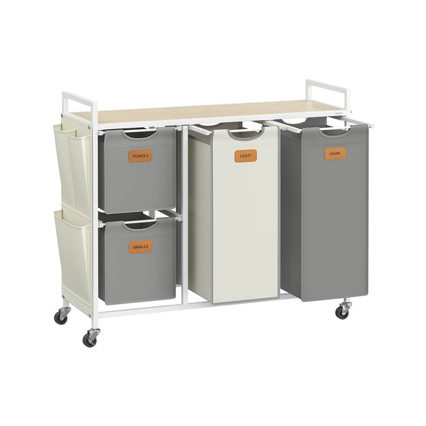 4-Bag Laundry Hamper – Fabric – Natural Beige, Camel Brown, Cream White – Rolling Cart with Removable Liners and Labels