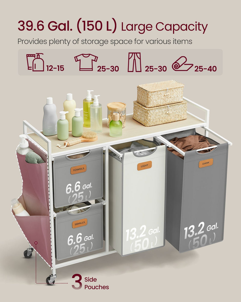 Laundry Hamper – Fabric – Dove Grey and Cream White – 4 Compartments, 150 L Capacity with Rolling Cart and Removable Liners