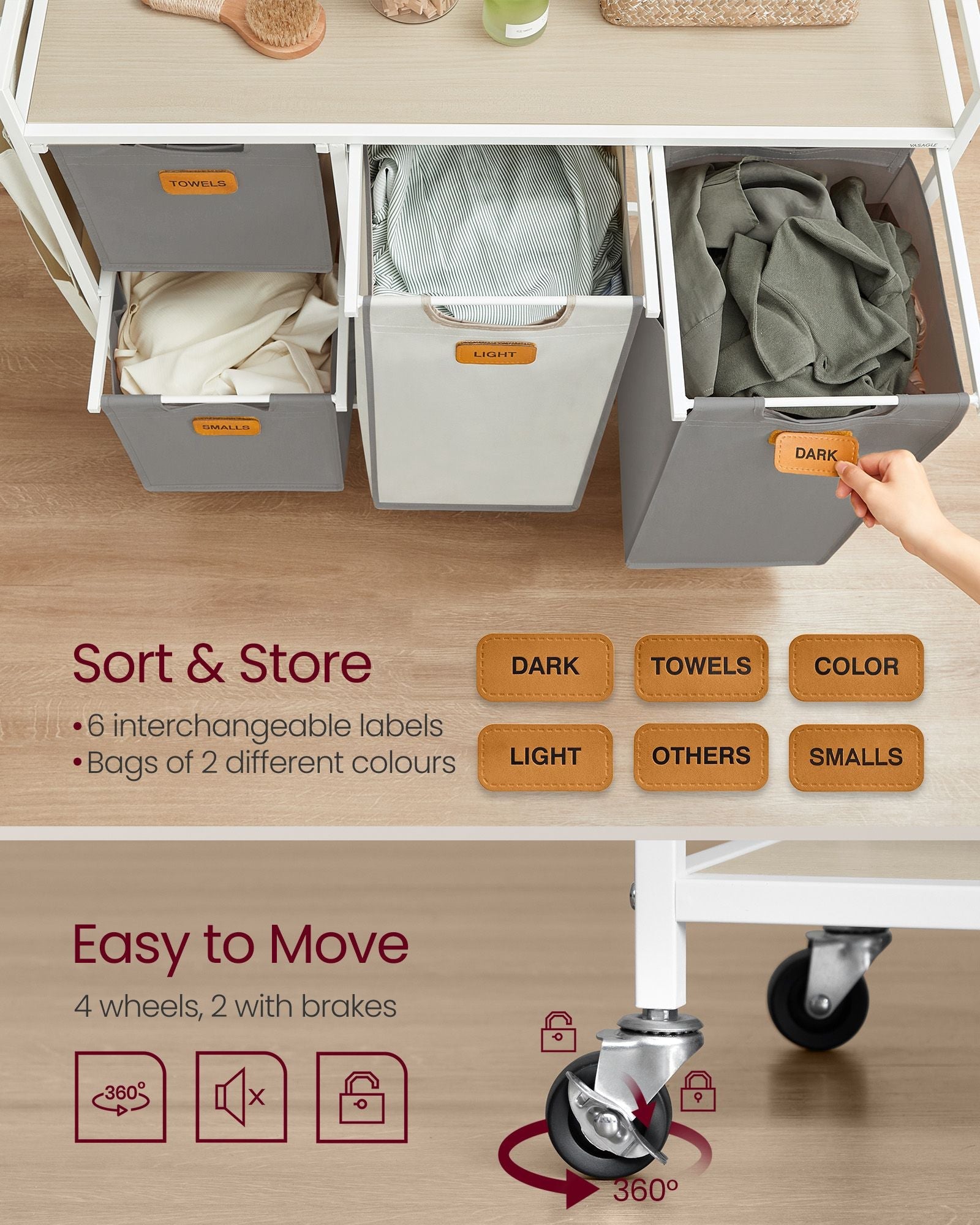 Laundry Hamper – Fabric – Dove Grey and Cream White – 4 Compartments, 150 L Capacity with Rolling Cart and Removable Liners