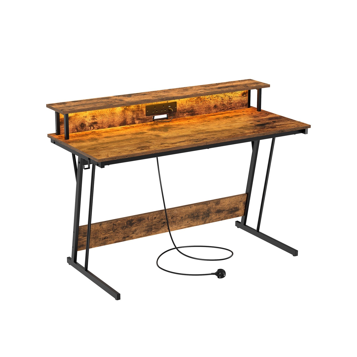 Gaming Desk – MDF and Steel – Black – LED Lighting and Built-In Power Outlets, Monitor Shelf