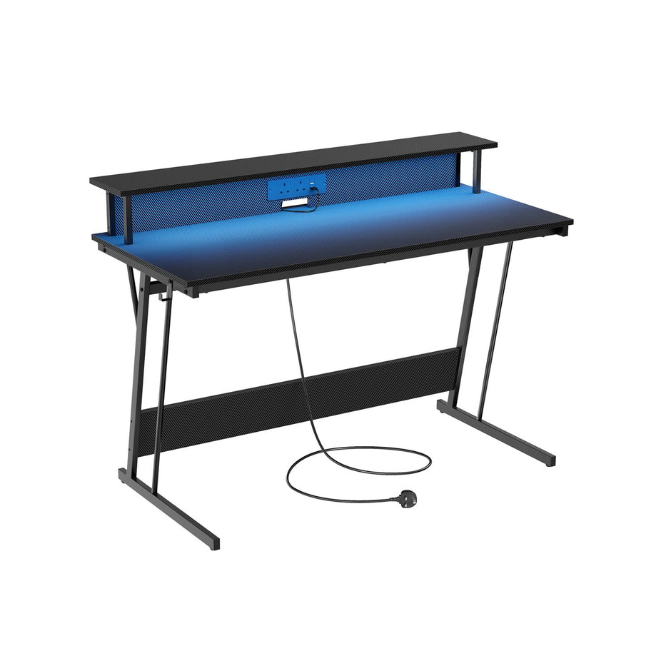 Gaming Desk – Carbon Black – LED Lights – Built-In Power Outlets, Monitor Shelf, Suitable for Bedroom and Office