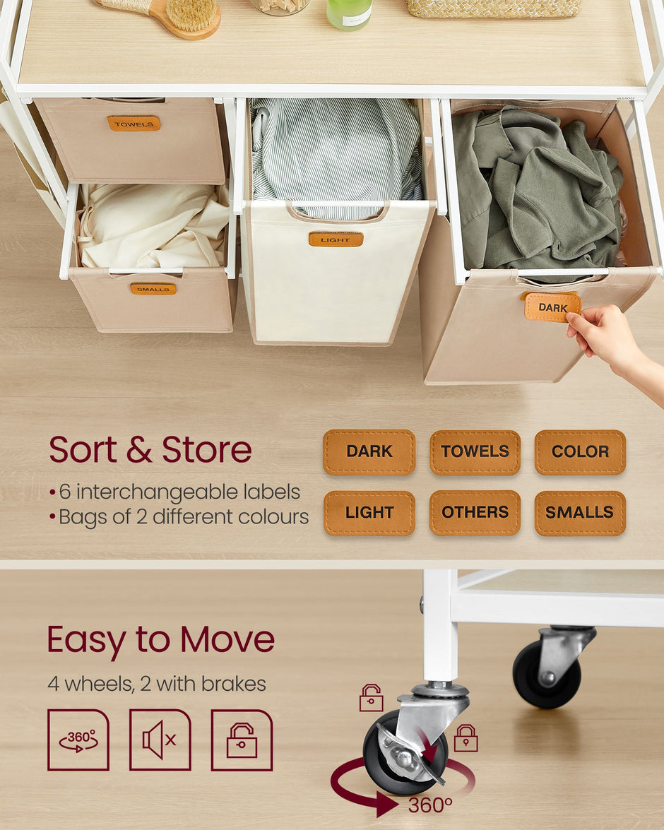 4-Bag Laundry Hamper – Fabric – Natural Beige, Camel Brown, Cream White – Rolling Cart with Removable Liners and Labels