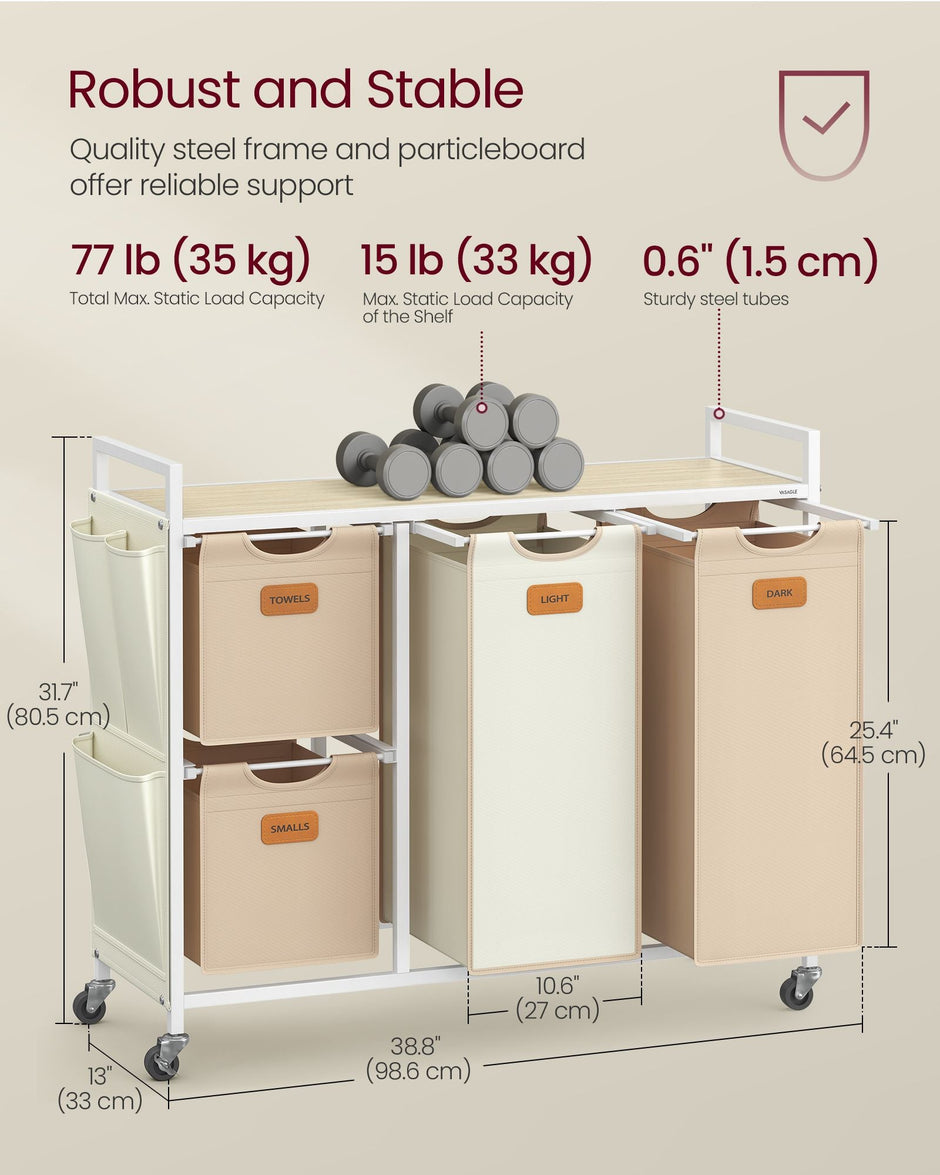 4-Bag Laundry Hamper – Fabric – Natural Beige, Camel Brown, Cream White – Rolling Cart with Removable Liners and Labels