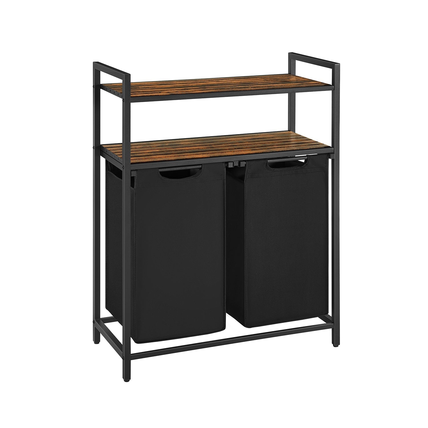 Laundry Basket – Wood and Fabric – Rustic Brown and Ink Black – Dual Removable Bags with Shelves