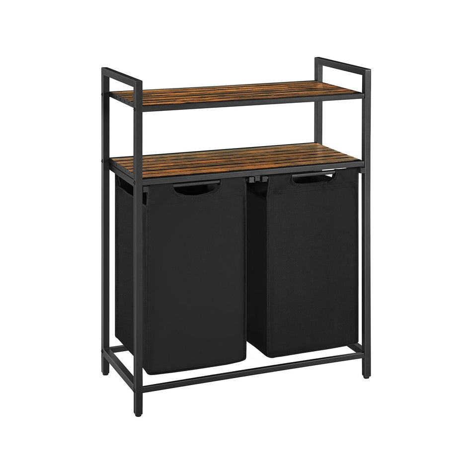 Laundry Basket – Wood and Fabric – Rustic Brown and Ink Black – Dual Removable Bags with Shelves