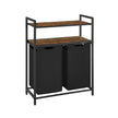 Laundry Basket – Wood and Fabric – Rustic Brown and Ink Black – Dual Removable Bags with Shelves