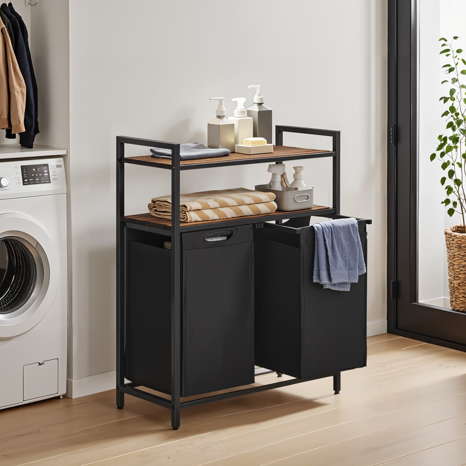 Laundry Hamper – Metal and Fabric – Black and Grey – Dual Pull-Out Bags with Shelves