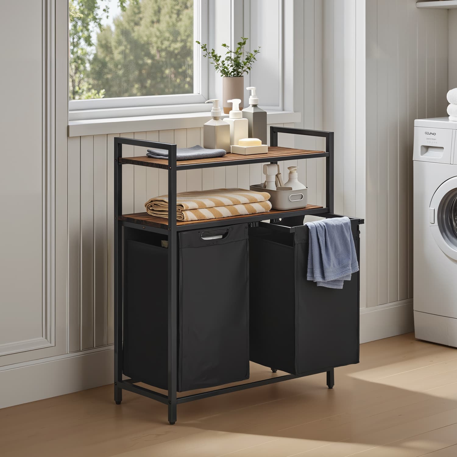 Laundry Hamper – Metal and Fabric – Black and Grey – Dual Pull-Out Bags with Shelves
