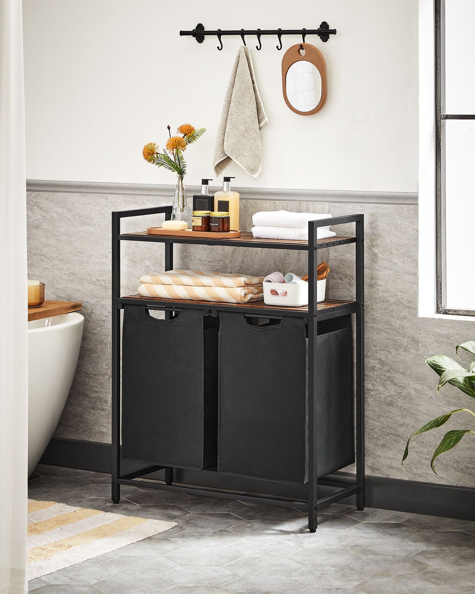 Laundry Basket – Wood and Fabric – Rustic Brown and Ink Black – Dual Removable Bags with Shelves