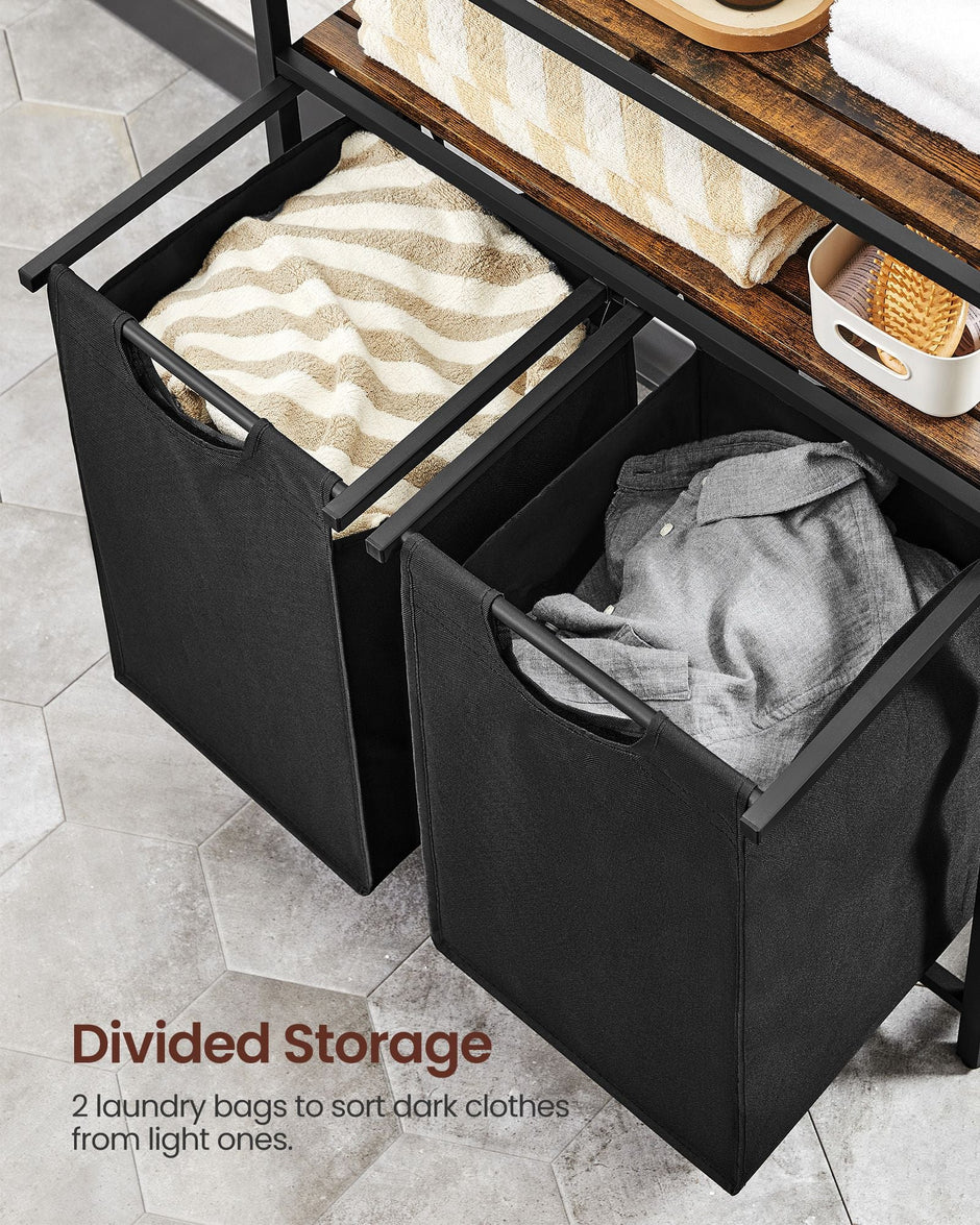 Laundry Basket – Wood and Fabric – Rustic Brown and Ink Black – Dual Removable Bags with Shelves