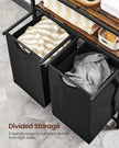 Laundry Basket – Wood and Fabric – Rustic Brown and Ink Black – Dual Removable Bags with Shelves
