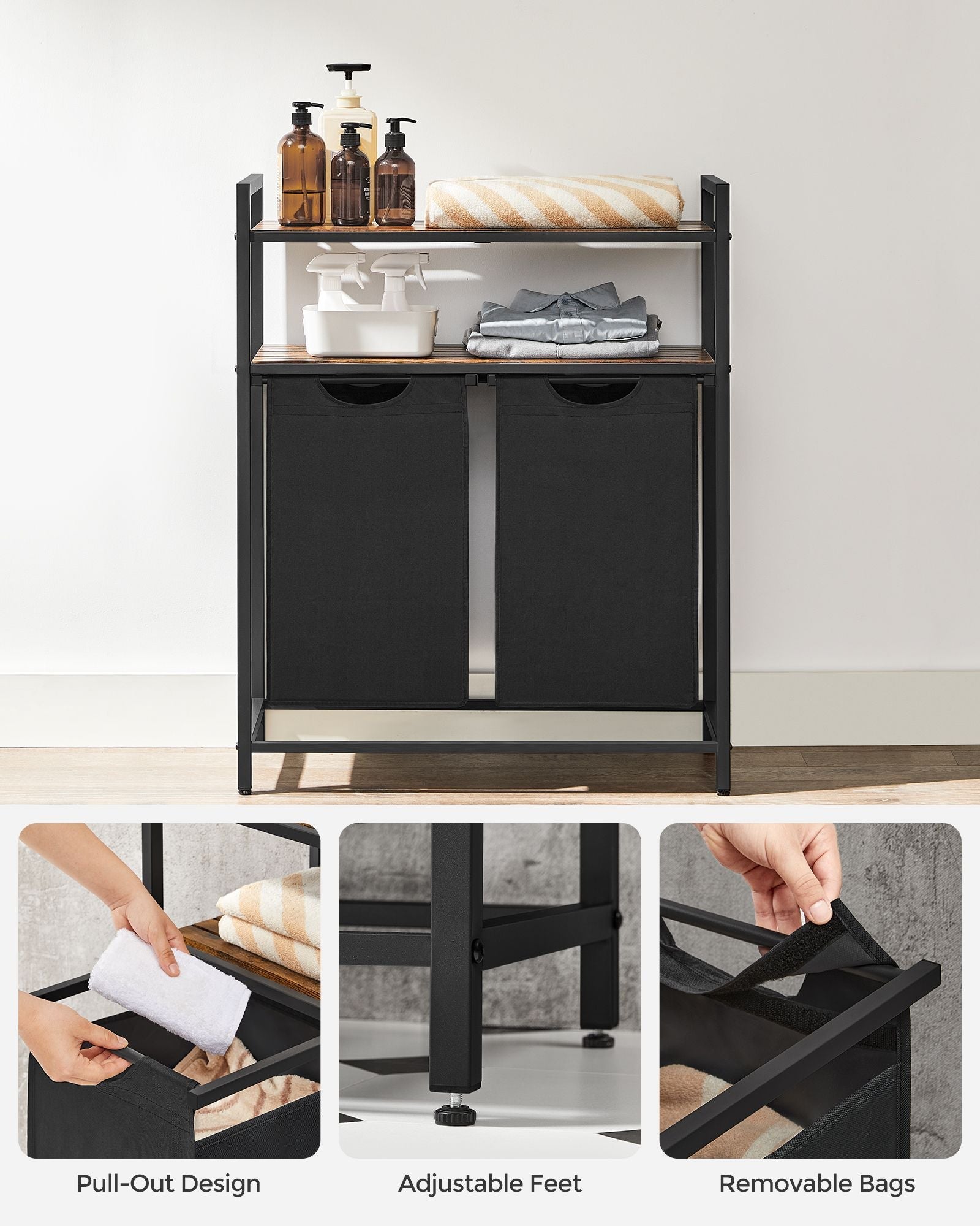 Laundry Basket – Wood and Fabric – Rustic Brown and Ink Black – Dual Removable Bags with Shelves