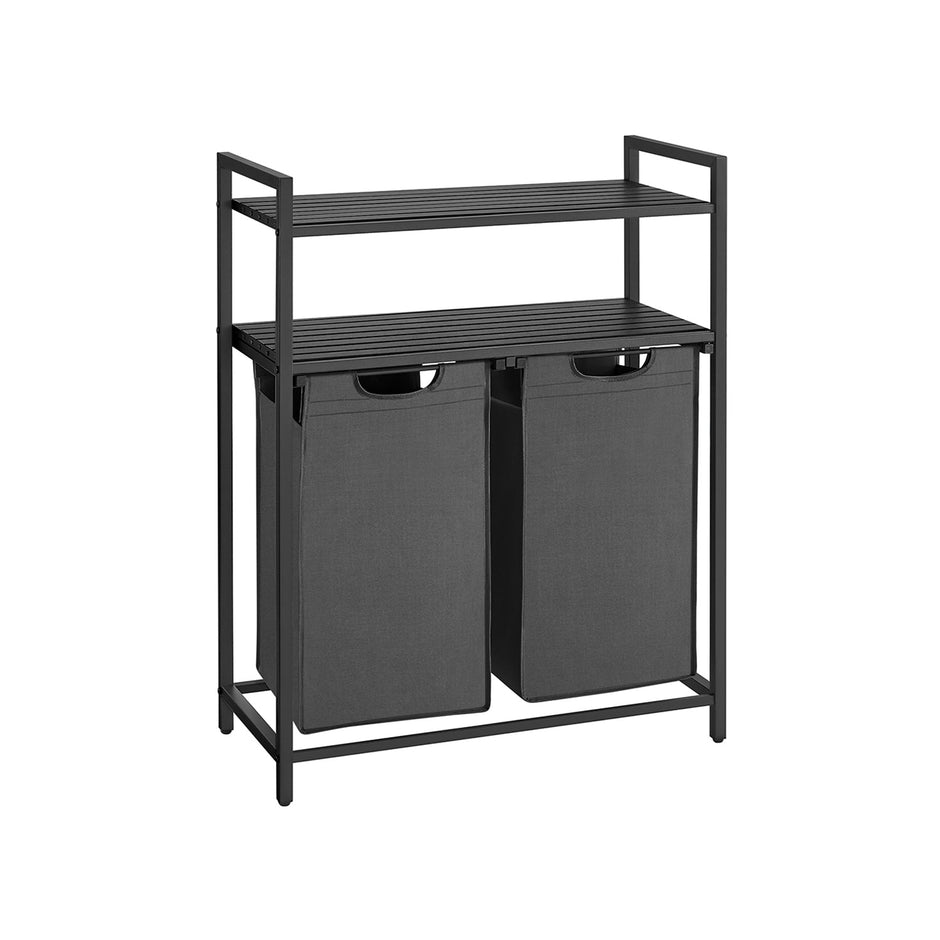 Laundry Basket – Fabric – Black and Grey – Dual Pull-Out Bags with Shelves, 46L Capacity Each
