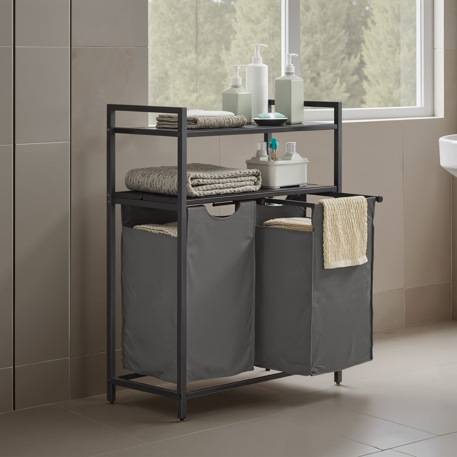 Laundry Hamper – Metal and Fabric – Black and Grey – Dual Pull-Out Bags with Shelves