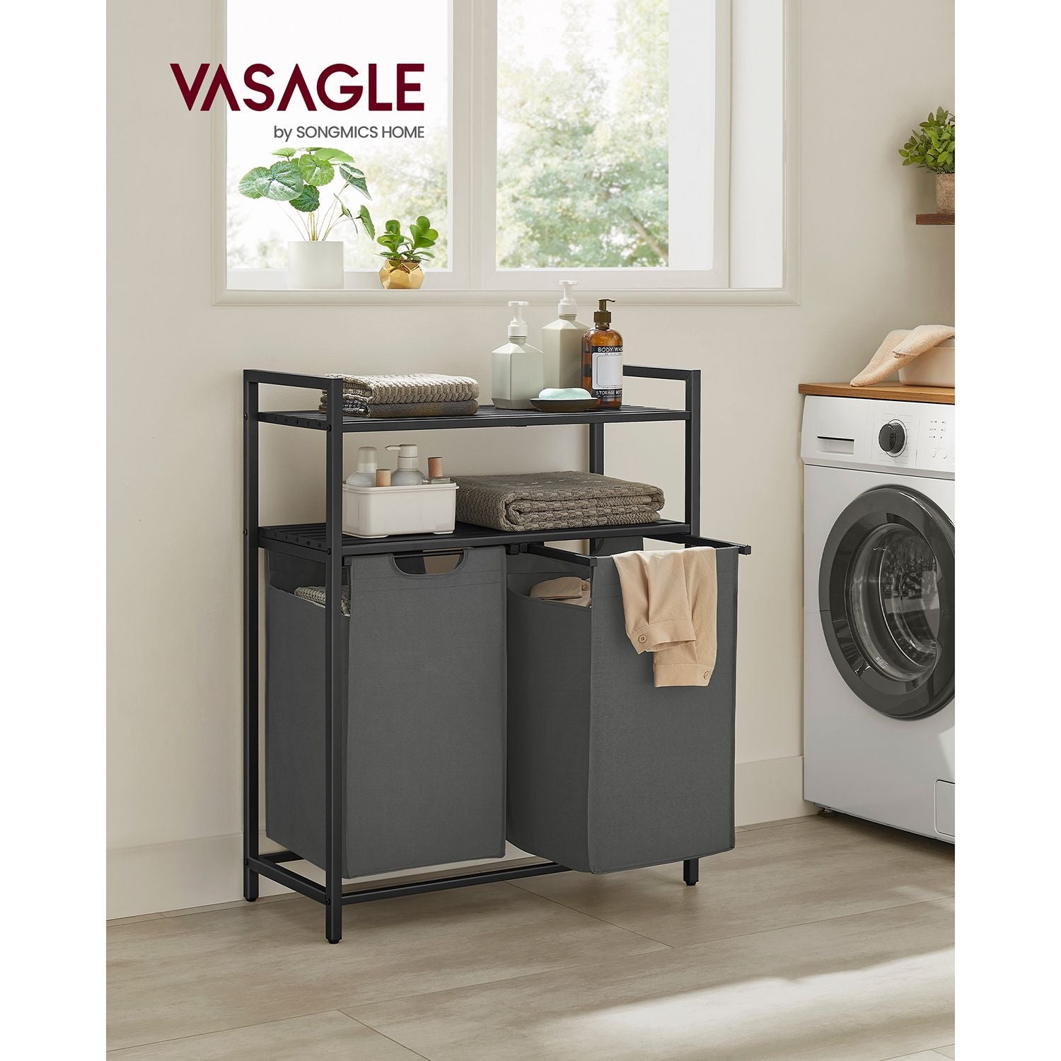 Laundry Basket – Fabric – Black and Grey – Dual Pull-Out Bags with Shelves, 46L Capacity Each