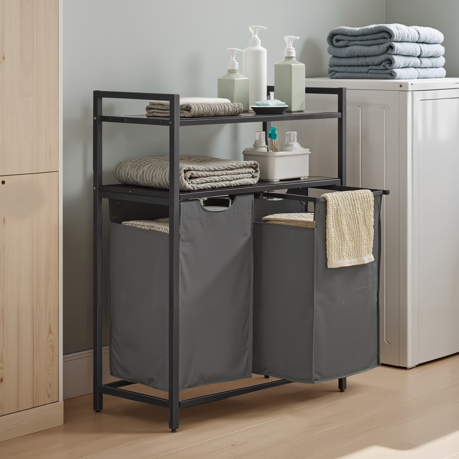 Laundry Hamper – Metal and Fabric – Black and Grey – Dual Pull-Out Bags with Shelves