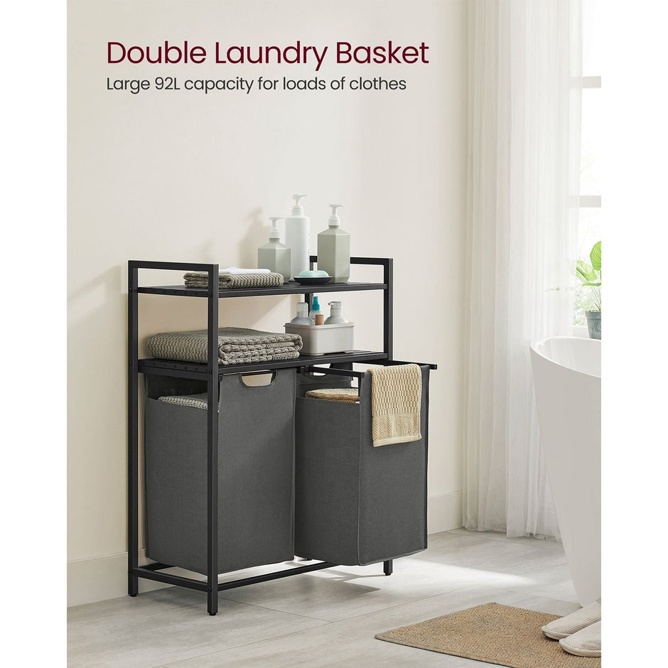 Laundry Basket – Fabric – Black and Grey – Dual Pull-Out Bags with Shelves, 46L Capacity Each