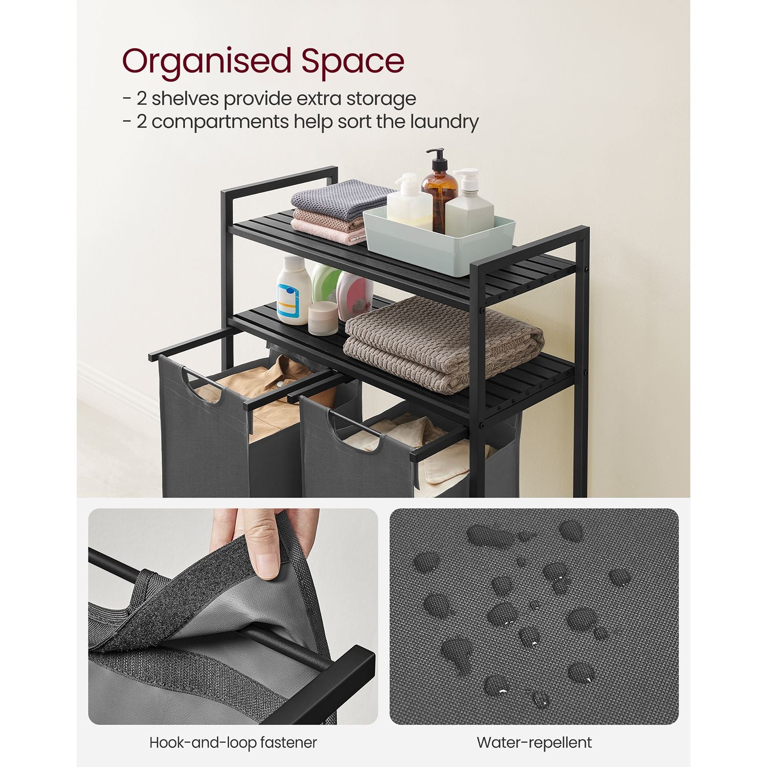 Laundry Basket – Fabric – Black and Grey – Dual Pull-Out Bags with Shelves, 46L Capacity Each