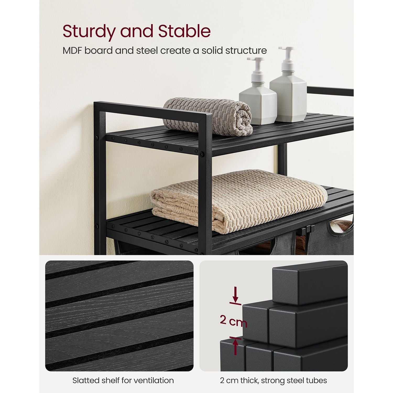 Laundry Basket – Fabric – Black and Grey – Dual Pull-Out Bags with Shelves, 46L Capacity Each