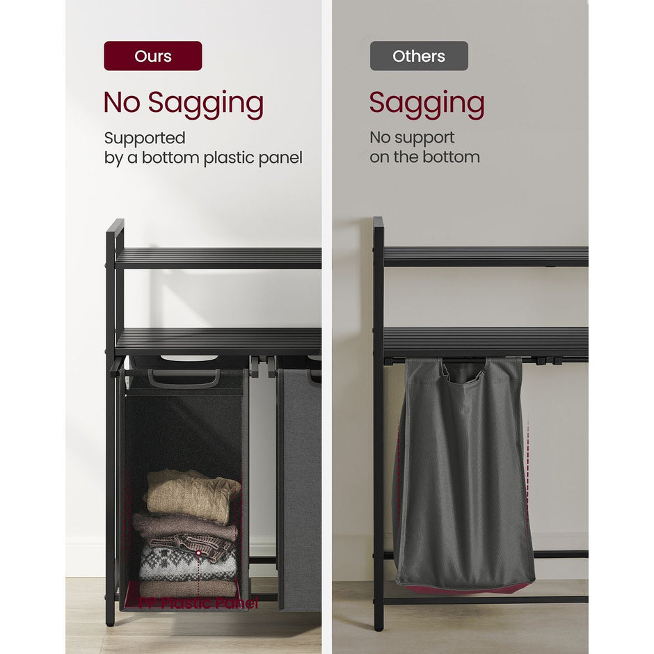 Laundry Basket – Fabric – Black and Grey – Dual Pull-Out Bags with Shelves, 46L Capacity Each