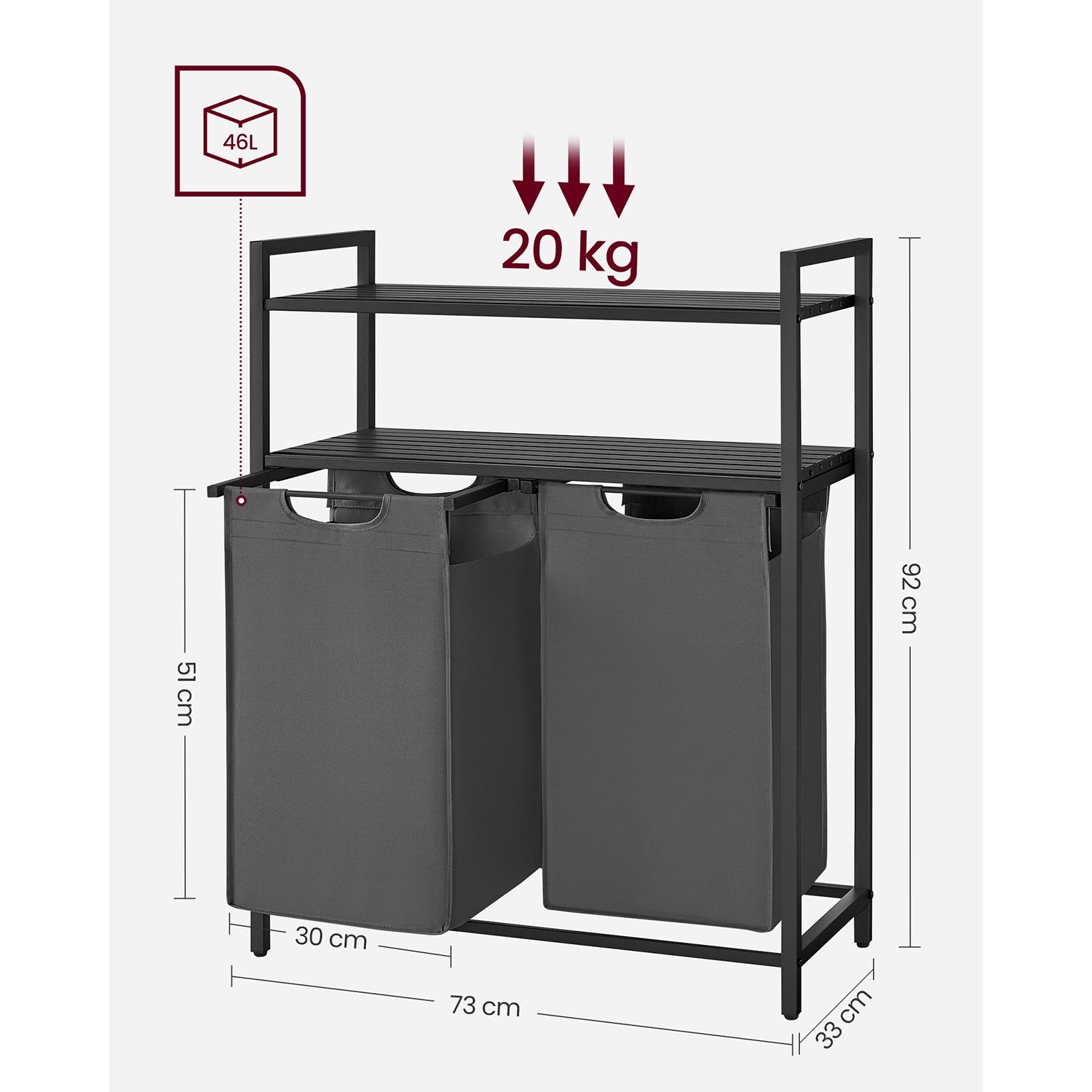 Laundry Basket – Fabric – Black and Grey – Dual Pull-Out Bags with Shelves, 46L Capacity Each
