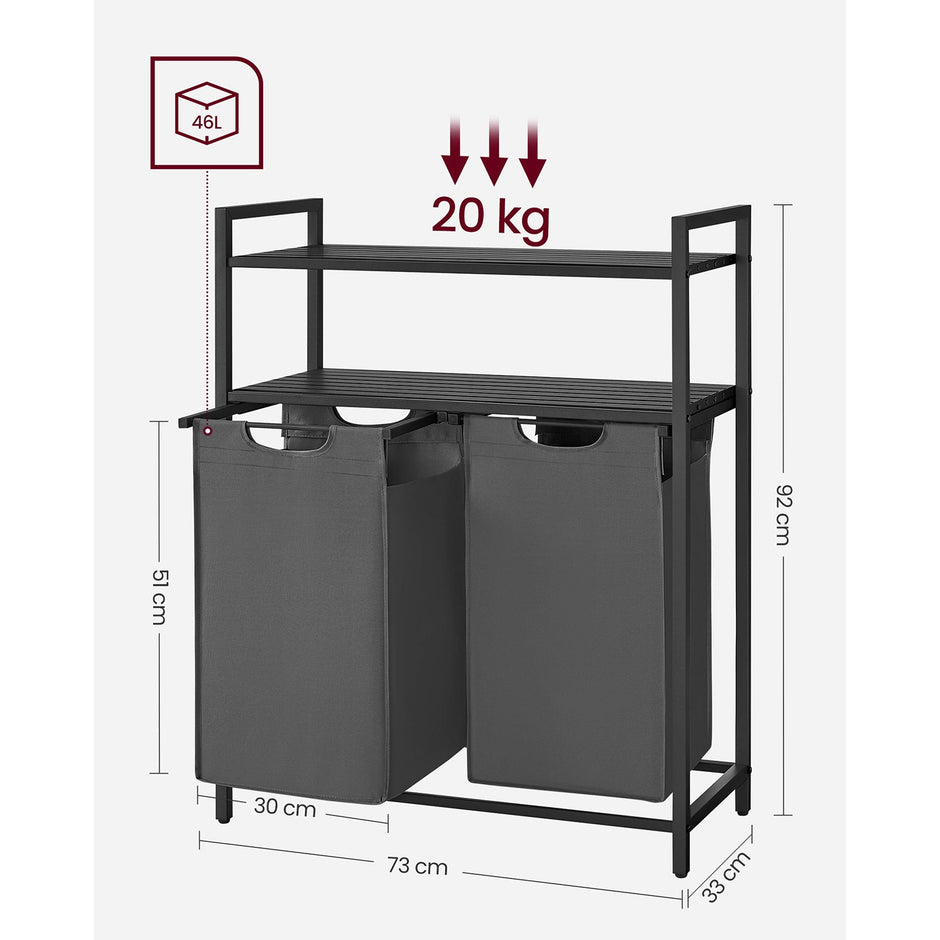 Laundry Basket – Fabric – Black and Grey – Dual Pull-Out Bags with Shelves, 46L Capacity Each