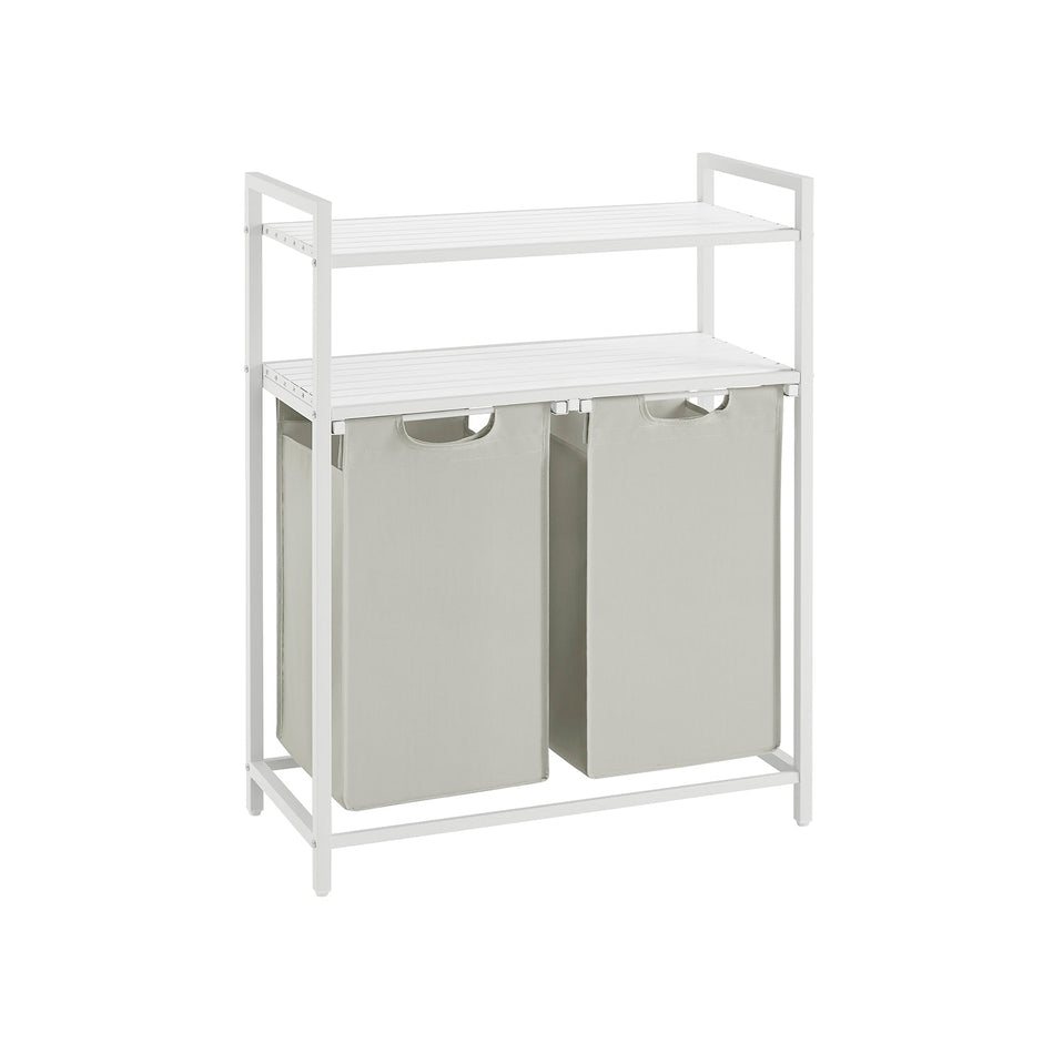 Laundry Basket – Fabric – White – 2 Shelves with 2 Removable Bags, 46L Capacity Each