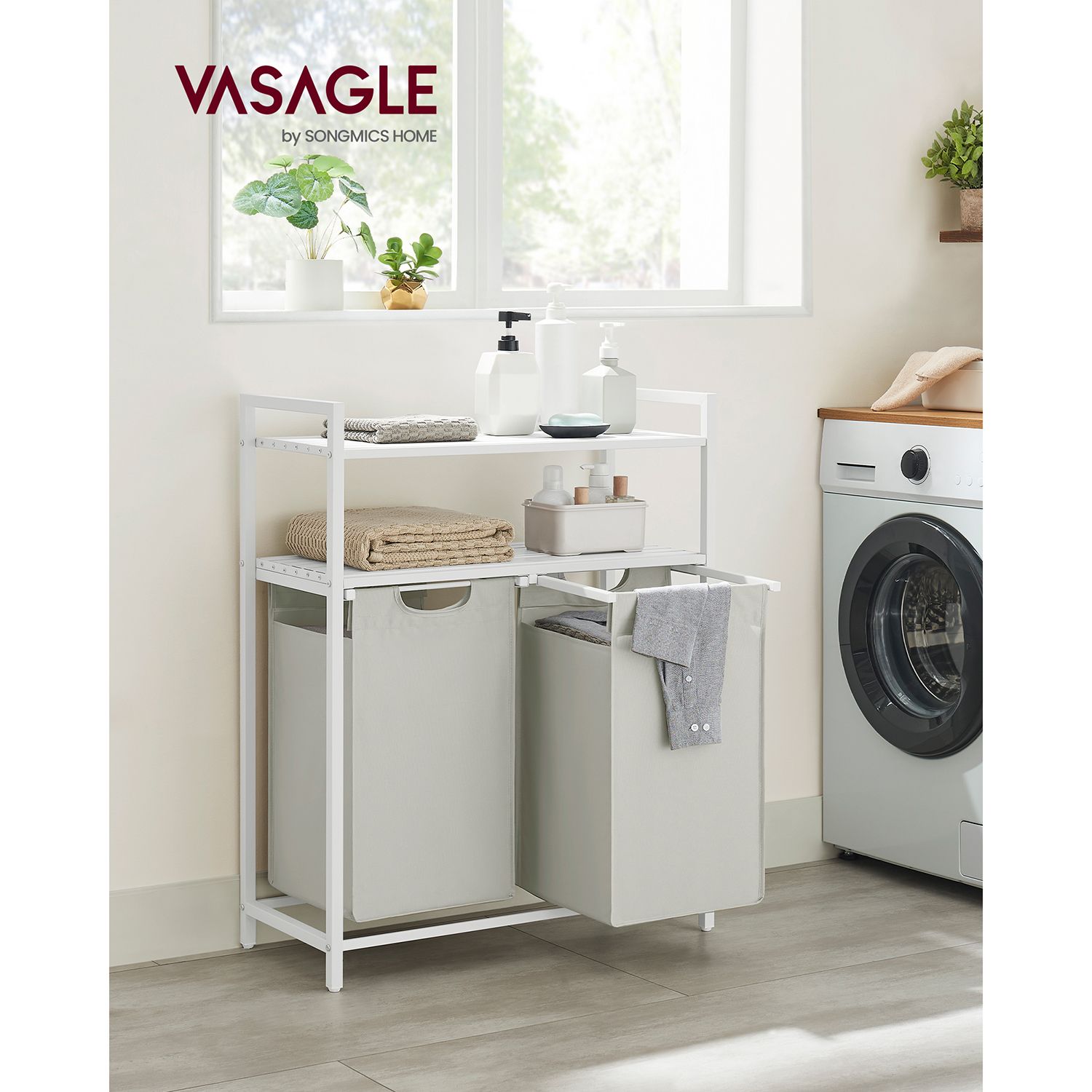 Laundry Basket – Fabric – White – 2 Shelves with 2 Removable Bags, 46L Capacity Each