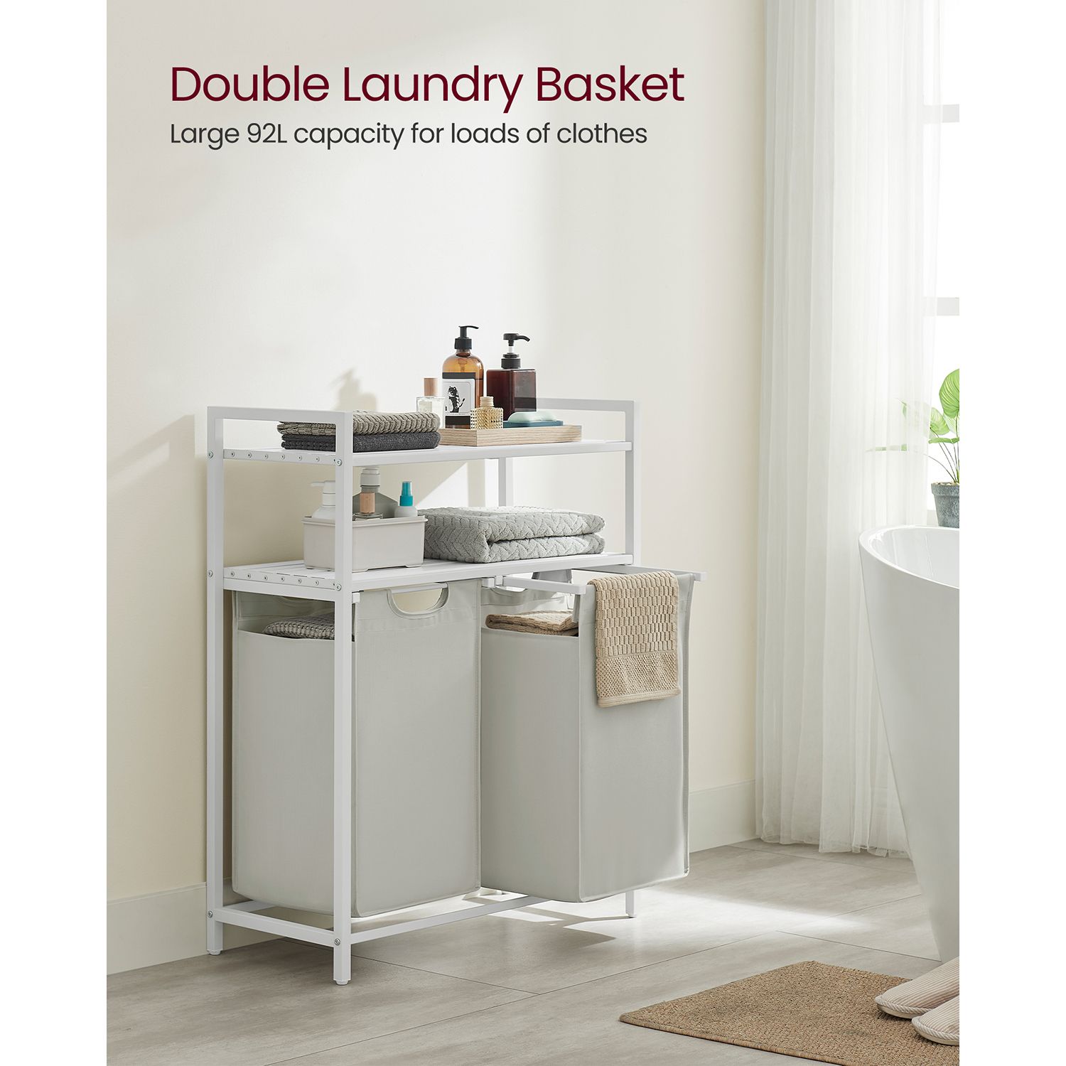 Laundry Basket – Fabric – White – 2 Shelves with 2 Removable Bags, 46L Capacity Each
