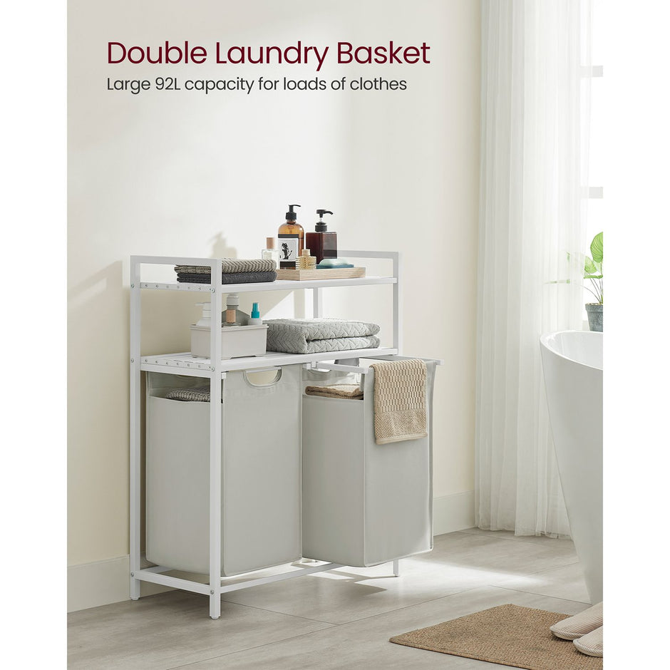 Laundry Basket – Fabric – White – 2 Shelves with 2 Removable Bags, 46L Capacity Each