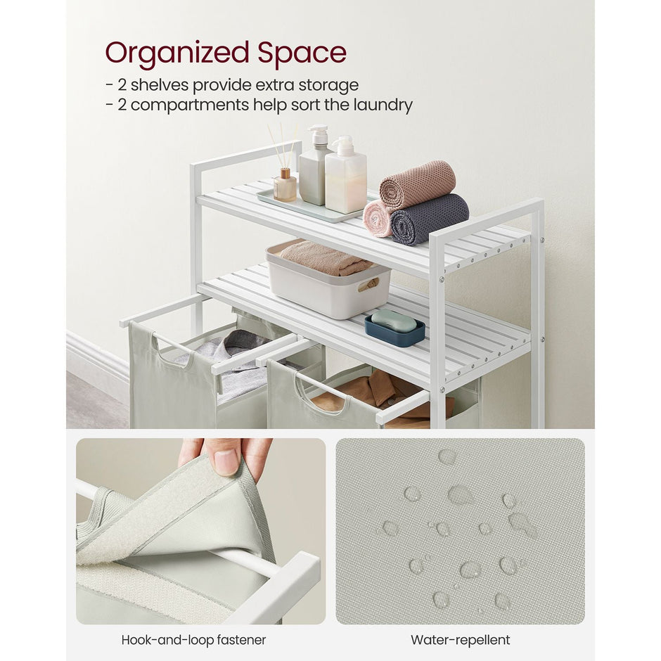Laundry Basket – Fabric – White – 2 Shelves with 2 Removable Bags, 46L Capacity Each