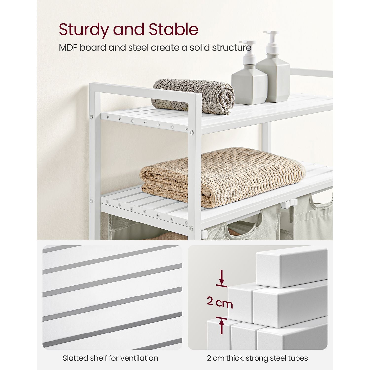 Laundry Basket – Fabric – White – 2 Shelves with 2 Removable Bags, 46L Capacity Each
