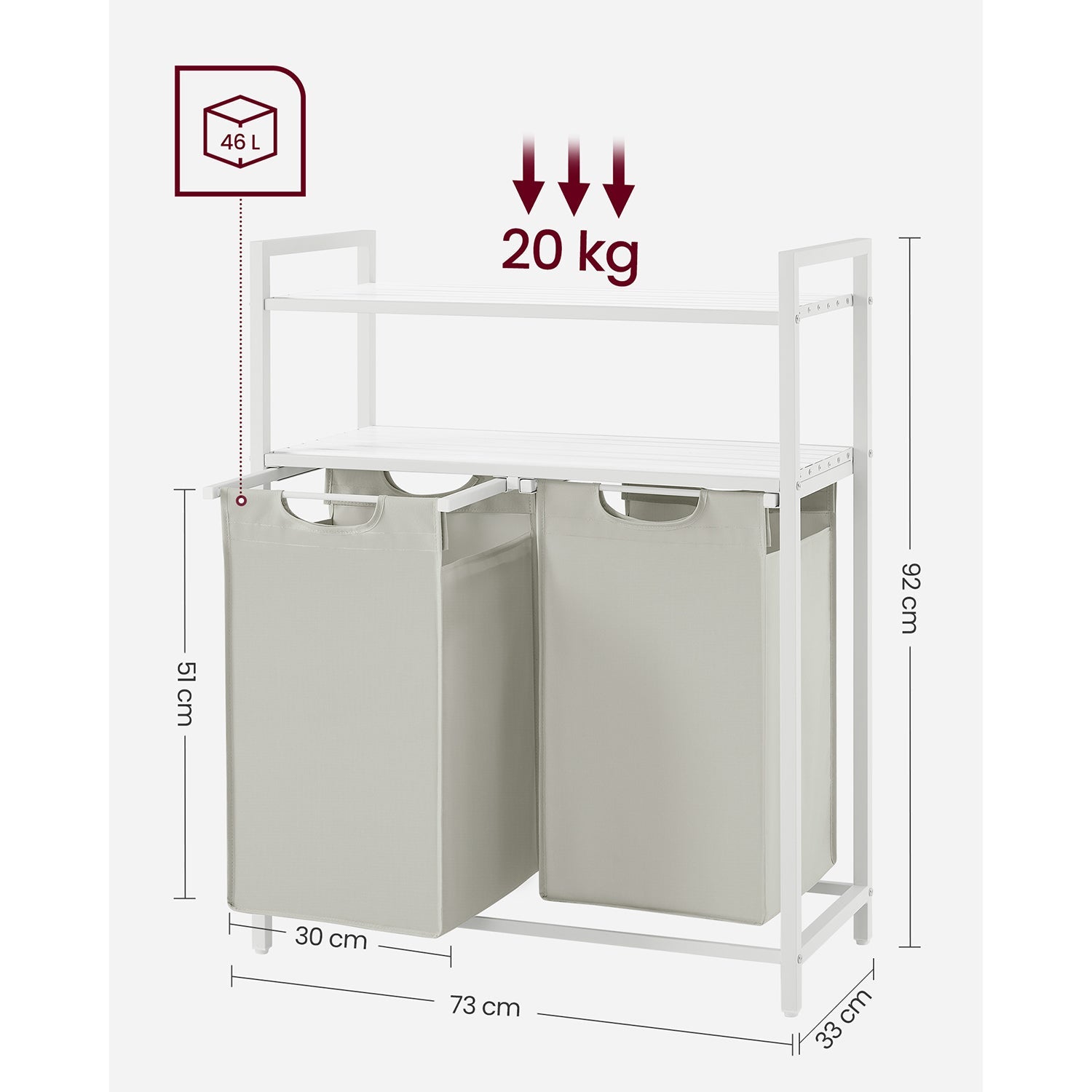 Laundry Basket – Fabric – White – 2 Shelves with 2 Removable Bags, 46L Capacity Each