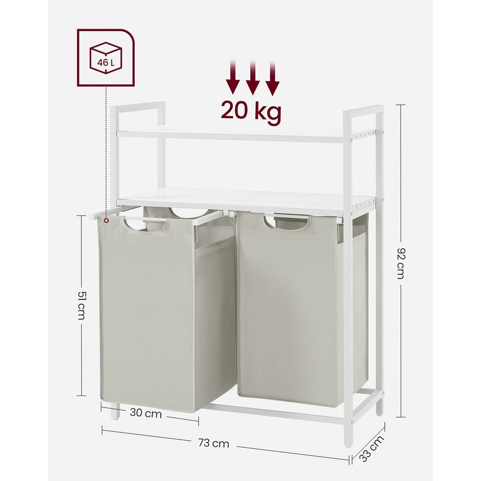 Laundry Basket – Fabric – White – 2 Shelves with 2 Removable Bags, 46L Capacity Each
