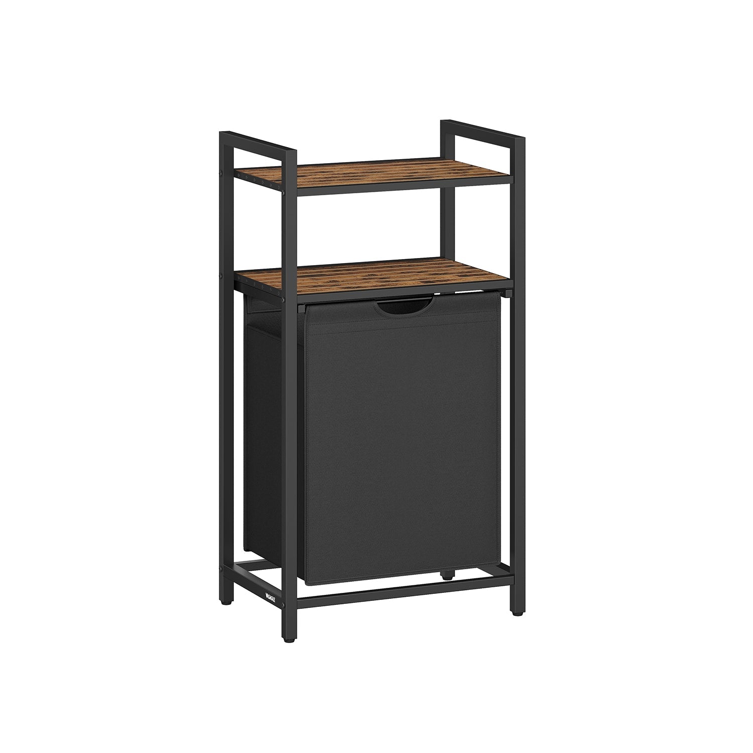 Laundry Basket – Wood and Fabric – Rustic Brown and Black – 65 L Capacity with Removable Bag and 2 Shelves