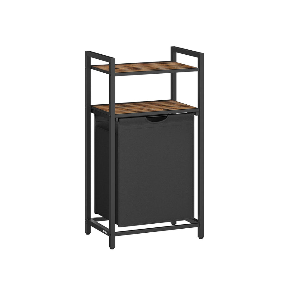 Laundry Basket – Wood and Fabric – Rustic Brown and Black – 65 L Capacity with Removable Bag and 2 Shelves