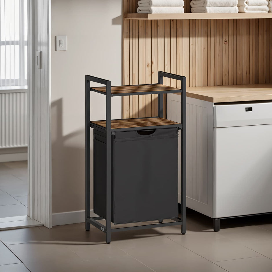 Laundry Hamper – Wood and Fabric – Rustic Brown and Black – Pull-Out Laundry Bag with 2 Shelves, 65 L Capacity