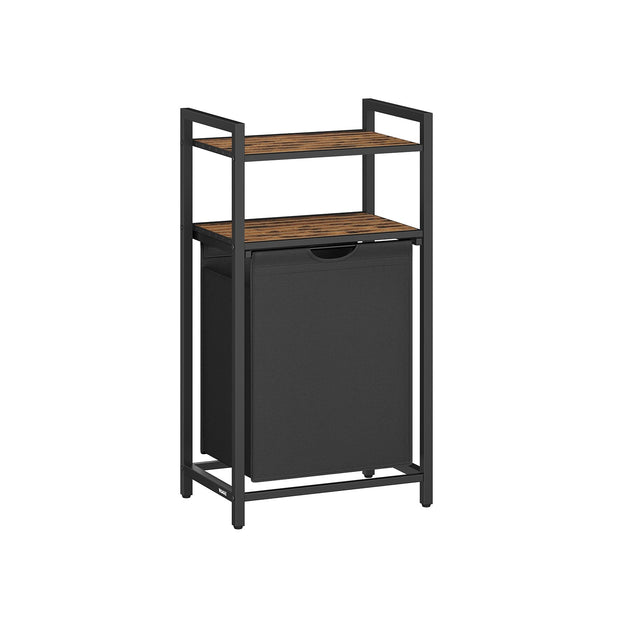 Laundry Basket – Wood and Fabric – Rustic Brown and Black – 65 L Capacity with Removable Bag and 2 Shelves