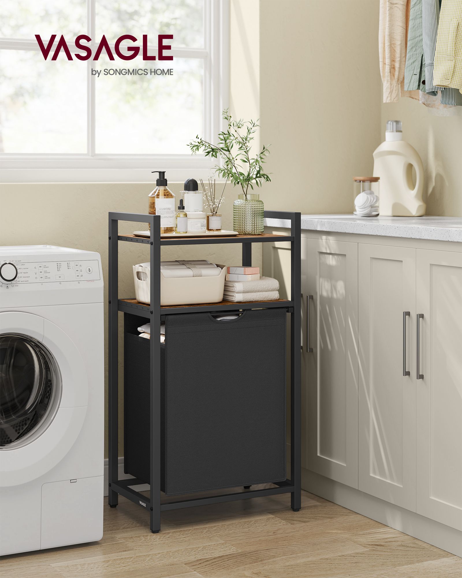 Laundry Basket – Wood and Fabric – Rustic Brown and Black – 65 L Capacity with Removable Bag and 2 Shelves