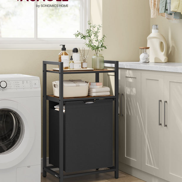 Laundry Basket – Wood and Fabric – Rustic Brown and Black – 65 L Capacity with Removable Bag and 2 Shelves