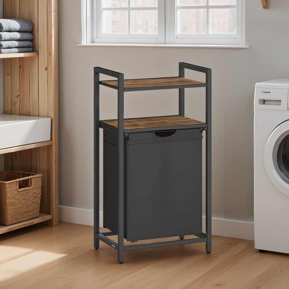 Laundry Hamper – Wood and Fabric – Rustic Brown and Black – Pull-Out Laundry Bag with 2 Shelves, 65 L Capacity