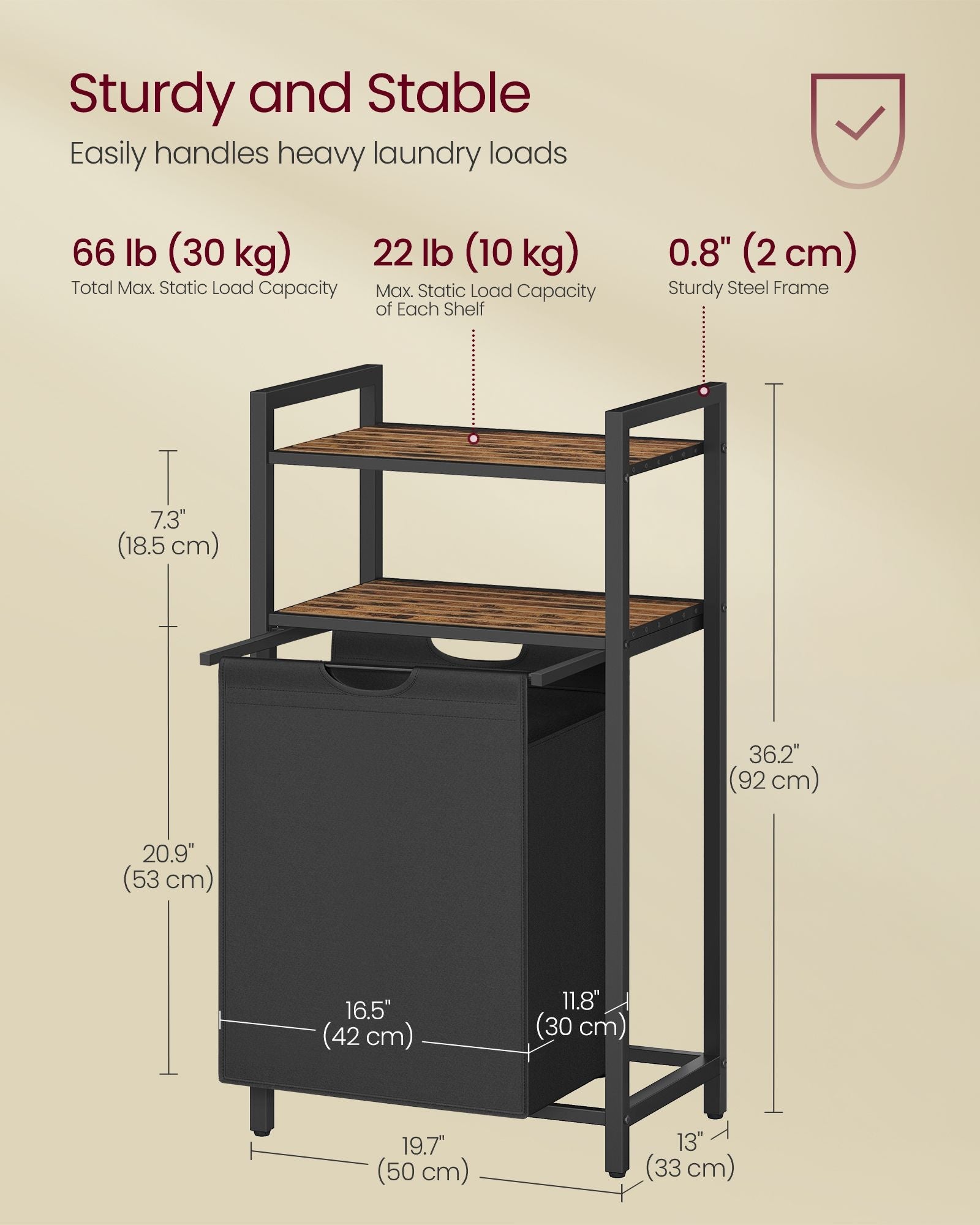 Laundry Basket – Wood and Fabric – Rustic Brown and Black – 65 L Capacity with Removable Bag and 2 Shelves
