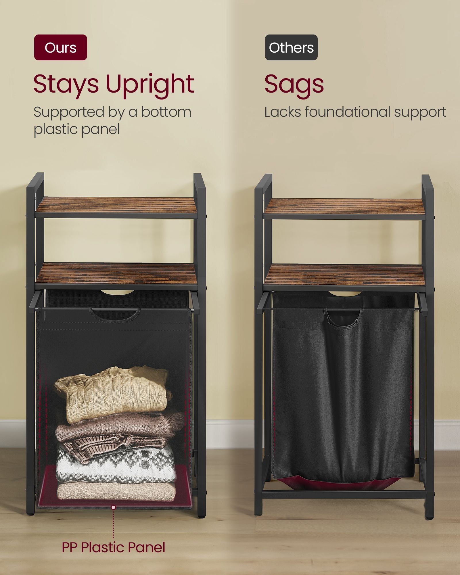 Laundry Basket – Wood and Fabric – Rustic Brown and Black – 65 L Capacity with Removable Bag and 2 Shelves