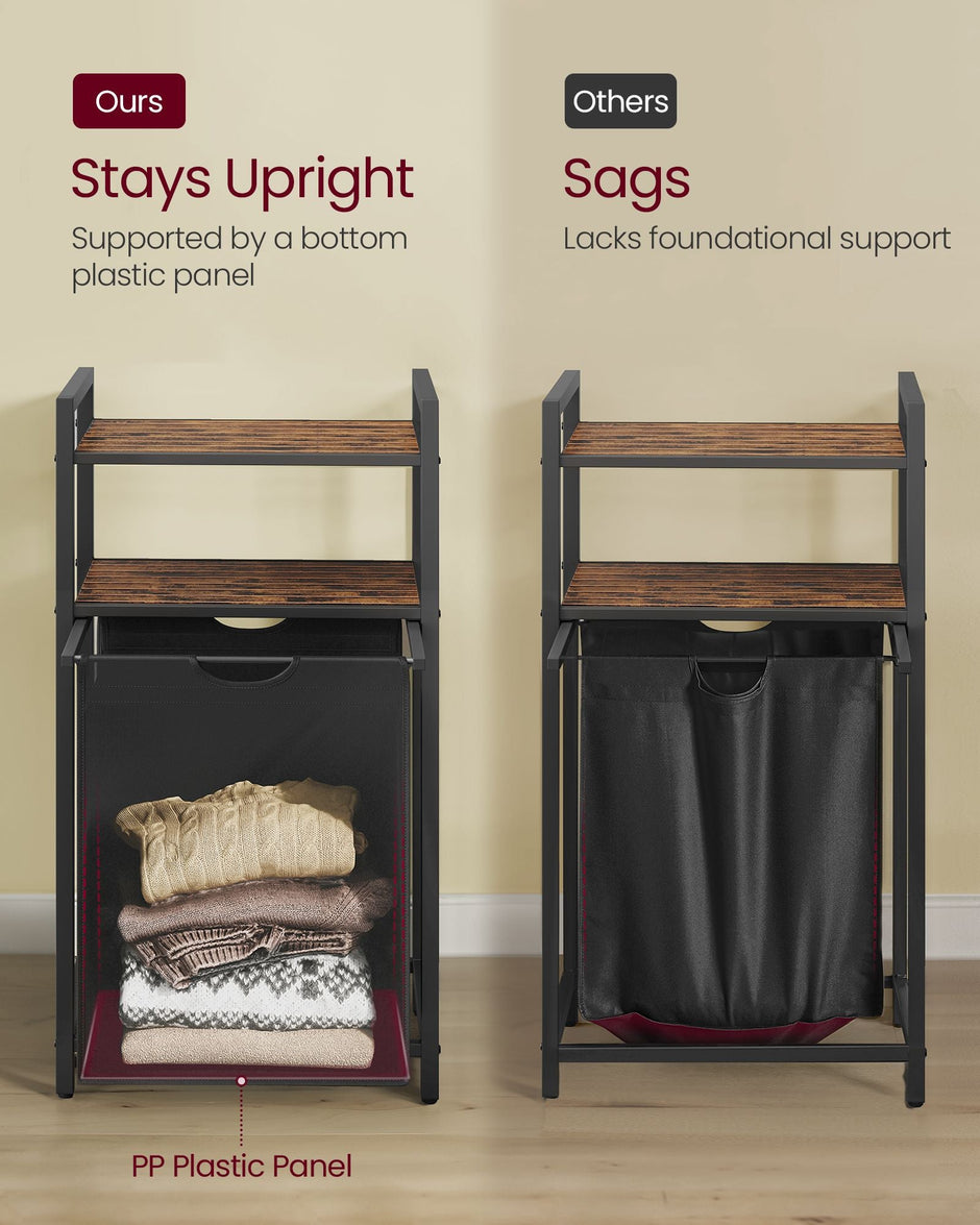 Laundry Basket – Wood and Fabric – Rustic Brown and Black – 65 L Capacity with Removable Bag and 2 Shelves